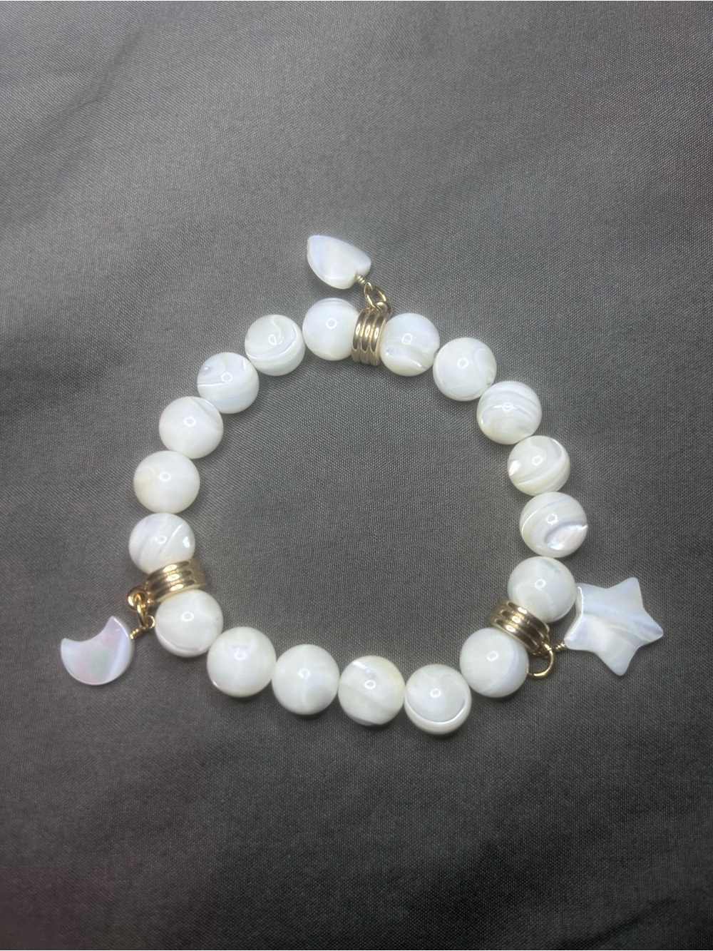 White Beaded Charm Bracelet with Moon, Star, and Heart